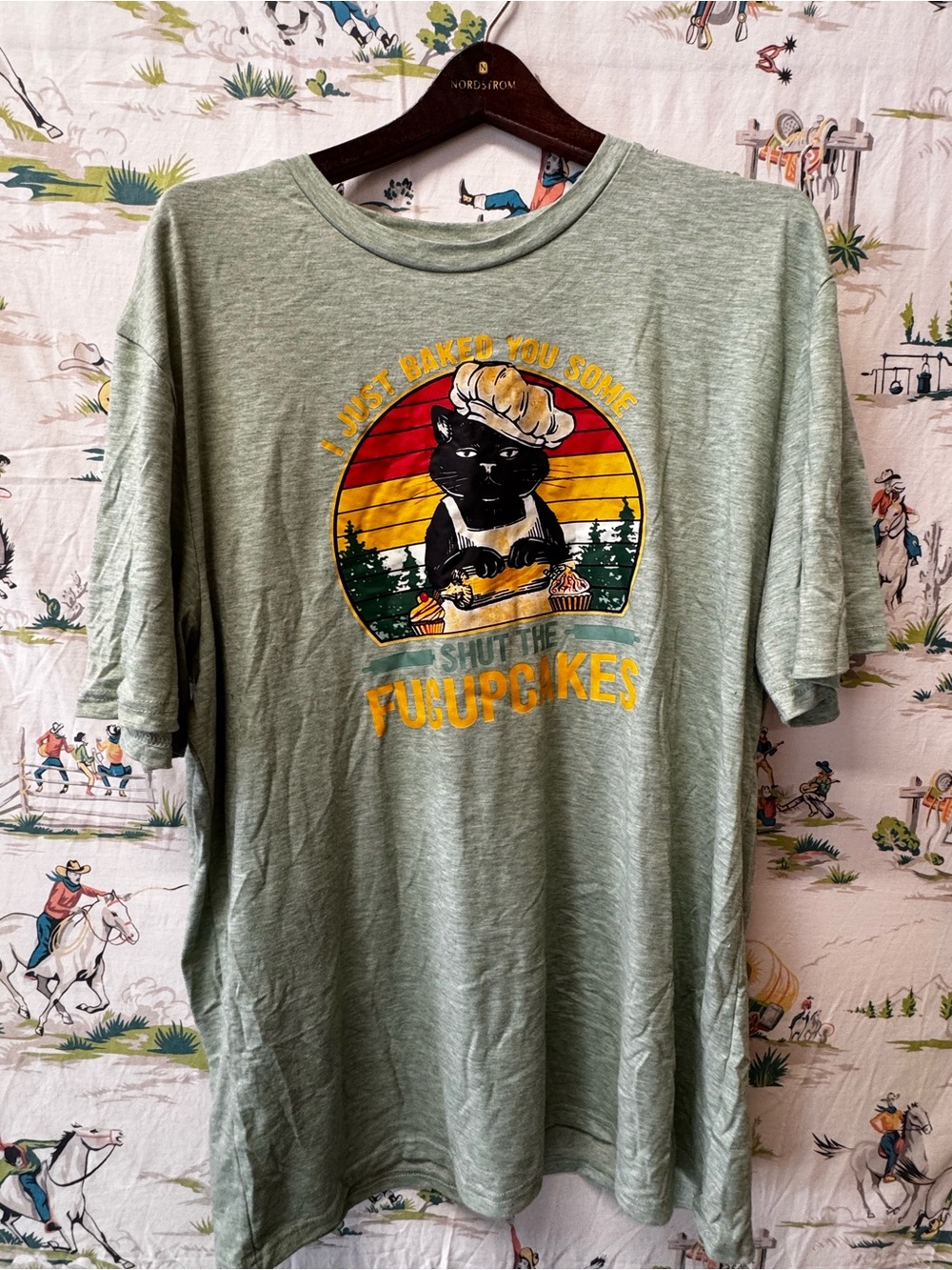 Cat Graphic Tee - Light Sage Green with Retro Chef Cat Design Size 3X